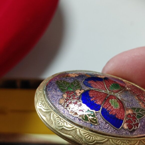 Antique Pendant Locket Cloisonné Brass and Enamel Butterfly Holds 2 Pics Necklac - Picture 4 of 6